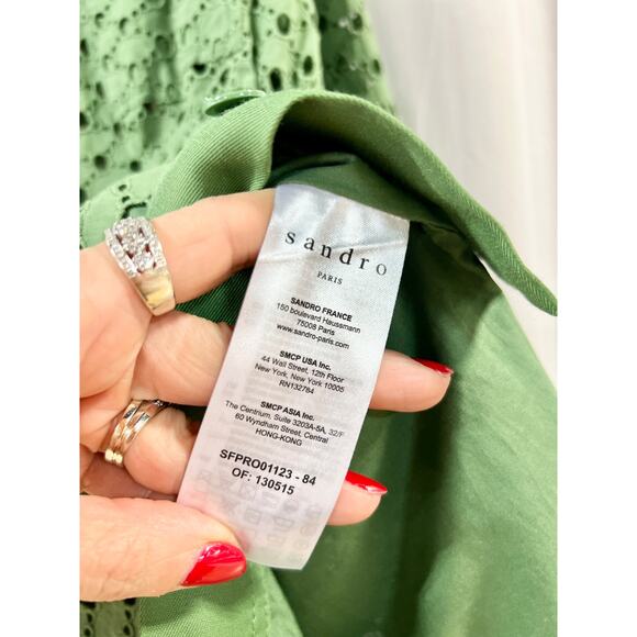 Sandro Shera Long Sleeve ButtonFront Lace Shirt Mini Dress Green Women's Medium - Picture 7 of 9